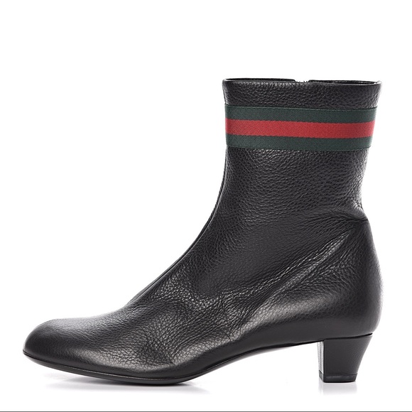 Gucci Shoes - Gucci Black Leather Ankle Boots with Red & Green Web